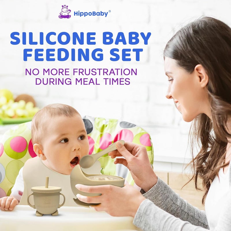 HippoBaby Baby Led Weaning Supplies | 10 Piece Silicone Baby Feeding Set | Baby Toddler Bib Cup Divided Plate and Bowl Self Feeding Spoons Dish Set | Baby Utensils | Toddler Feeding Supplies (Cream) - Image 3